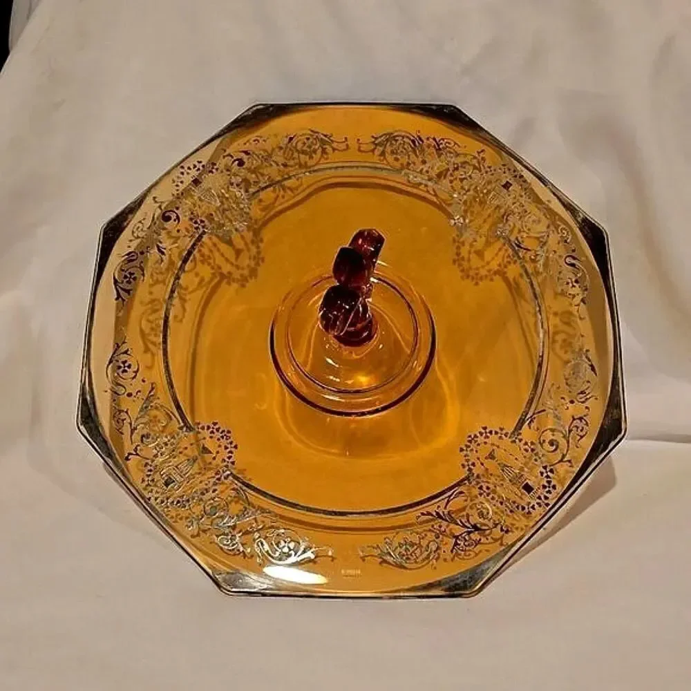 CAMBRIDGE AMBER GLASS Serving Sandwich Tray!  Art Deco Design,Sterling Etching!